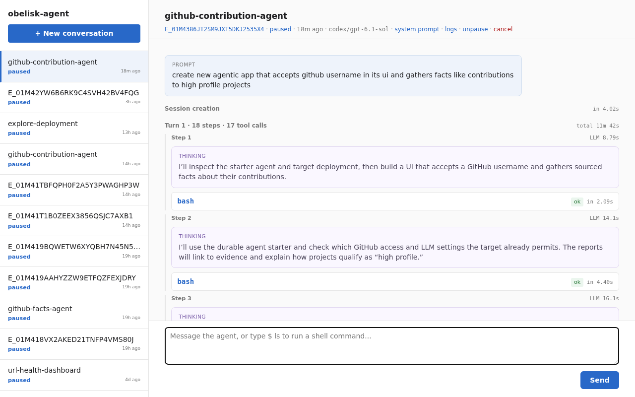 workflow-agent showing the prompt to build a GitHub contribution app, thinking bubbles, and Bash tool calls