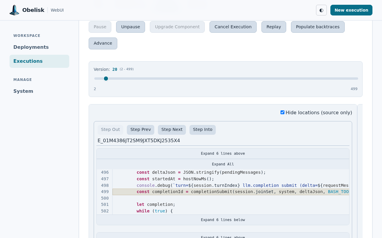 Debugger: step through recorded execution with highlighted source code