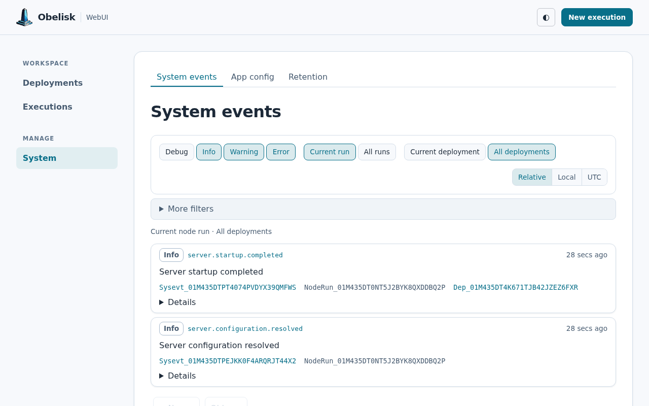 System logs: inspect startup, deployment, and maintenance events