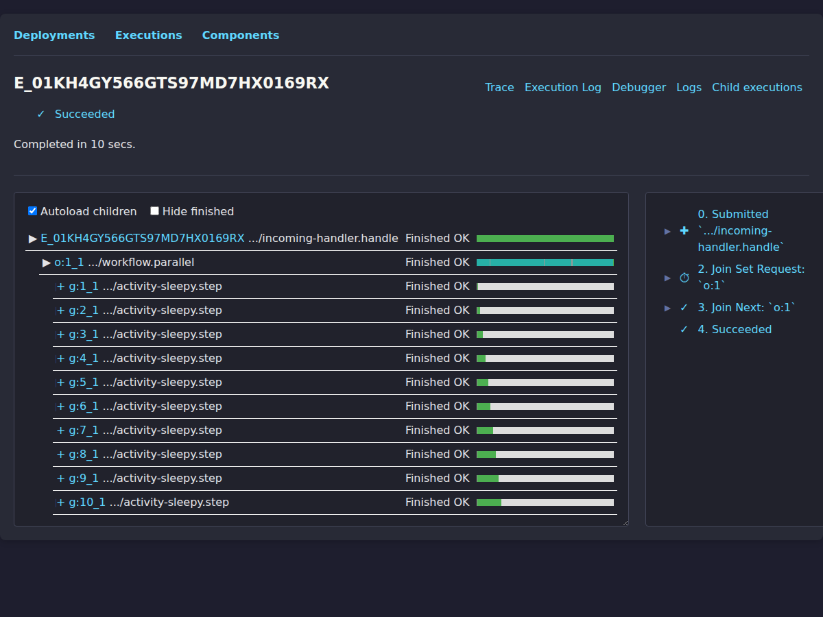 Trace view of the parallel workflow showing concurrent activity executions
