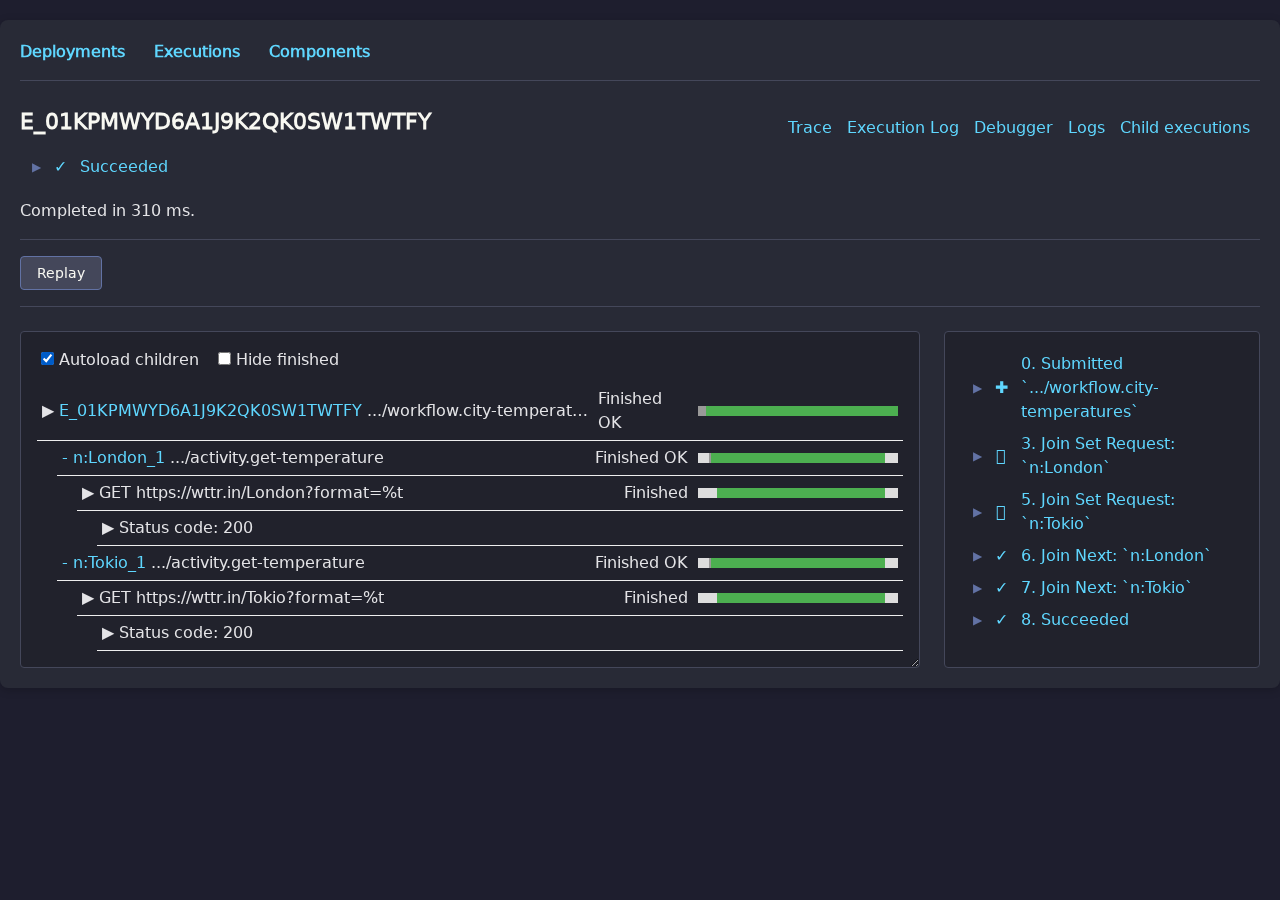 Trace view of the parallel JS workflow showing concurrent activity executions